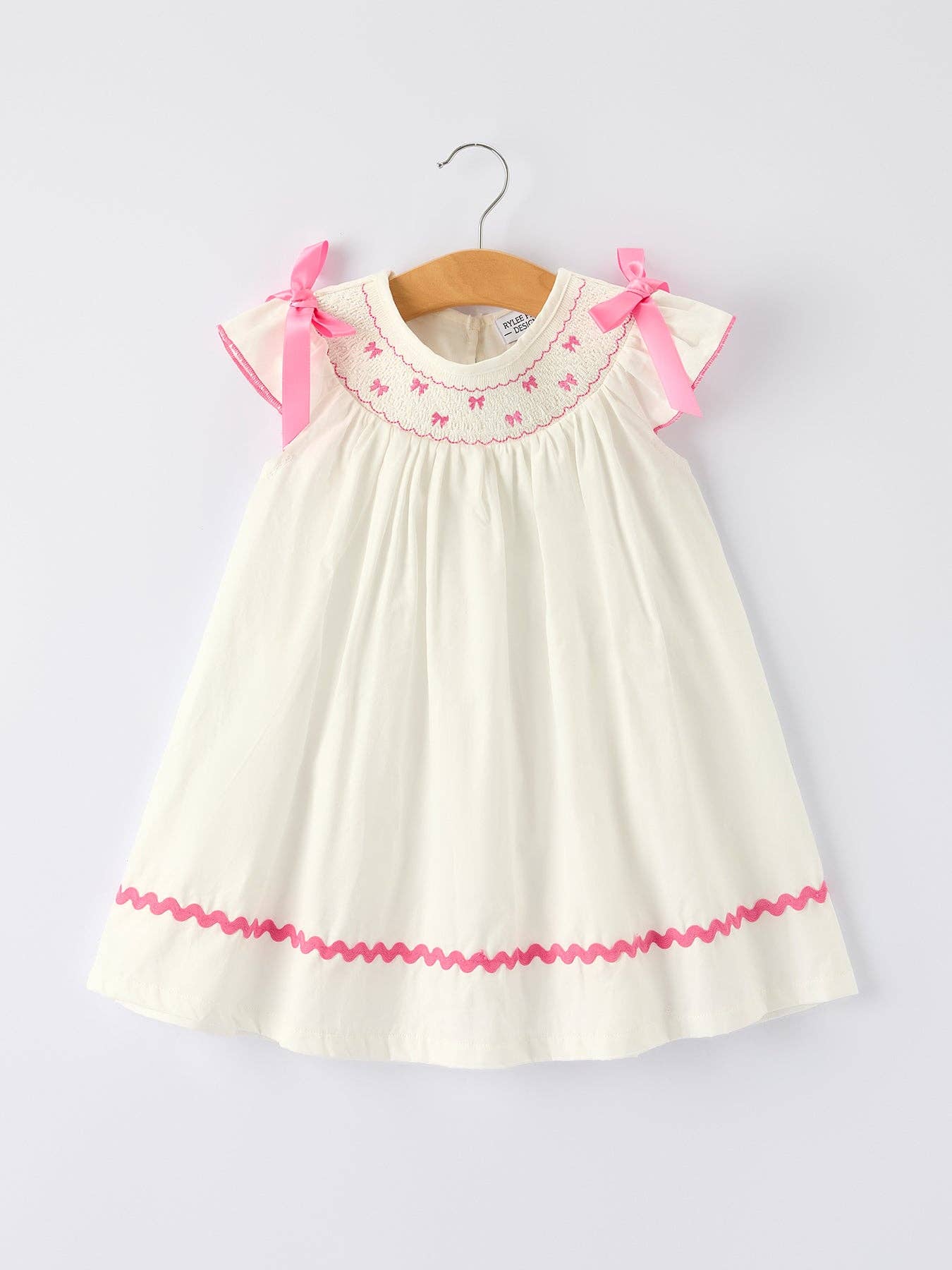 Rylee Faith: Fall White Girls Dress with Pink Bow Embroidery