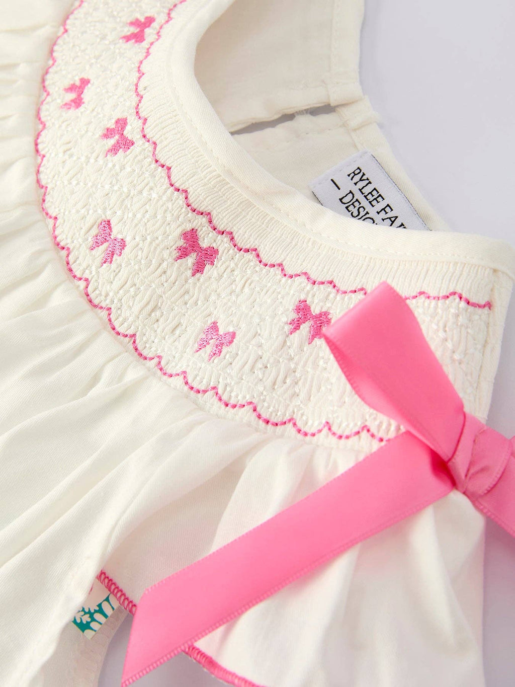 Rylee Faith: Fall White Girls Dress with Pink Bow Embroidery