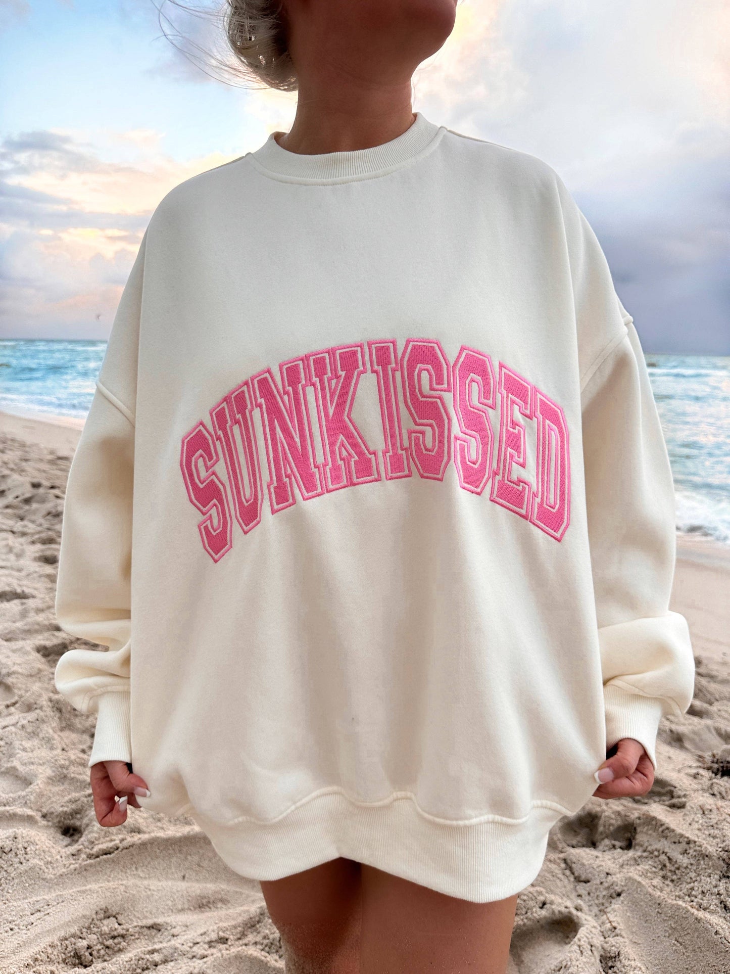 Sunkissed Coconut: Ivory and Hibiscus Pink Varsity Embroider Sweatshirt