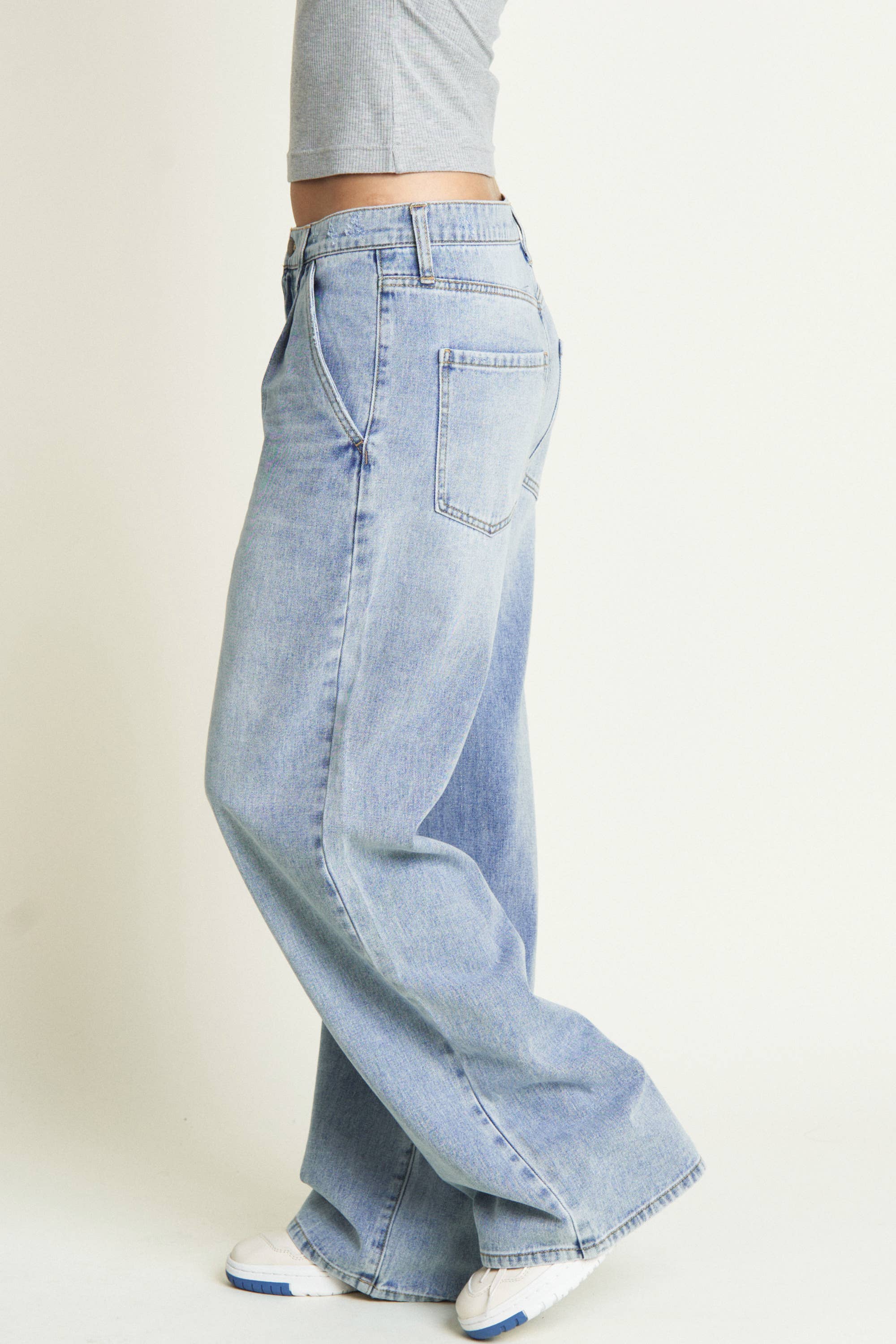 Oliver Logan: Thompson Low Slung Wide Leg Denim - Light Indigo Worn