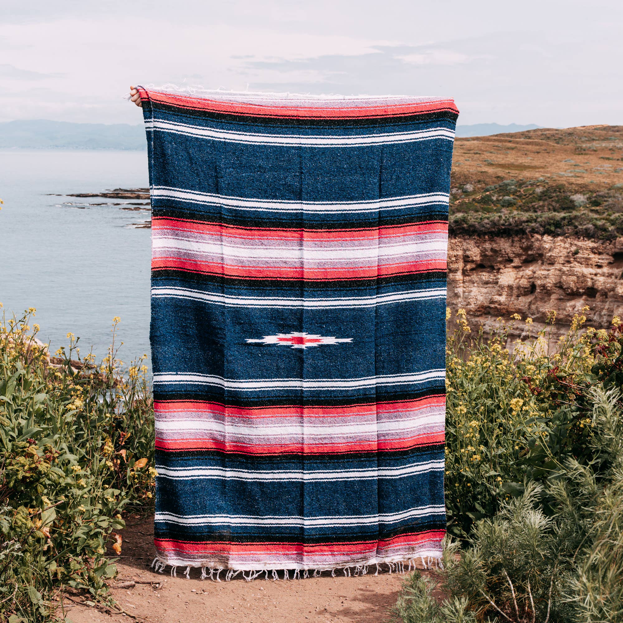 West Path: Mexican Serape Blanket - Aegean Blue and Pink
