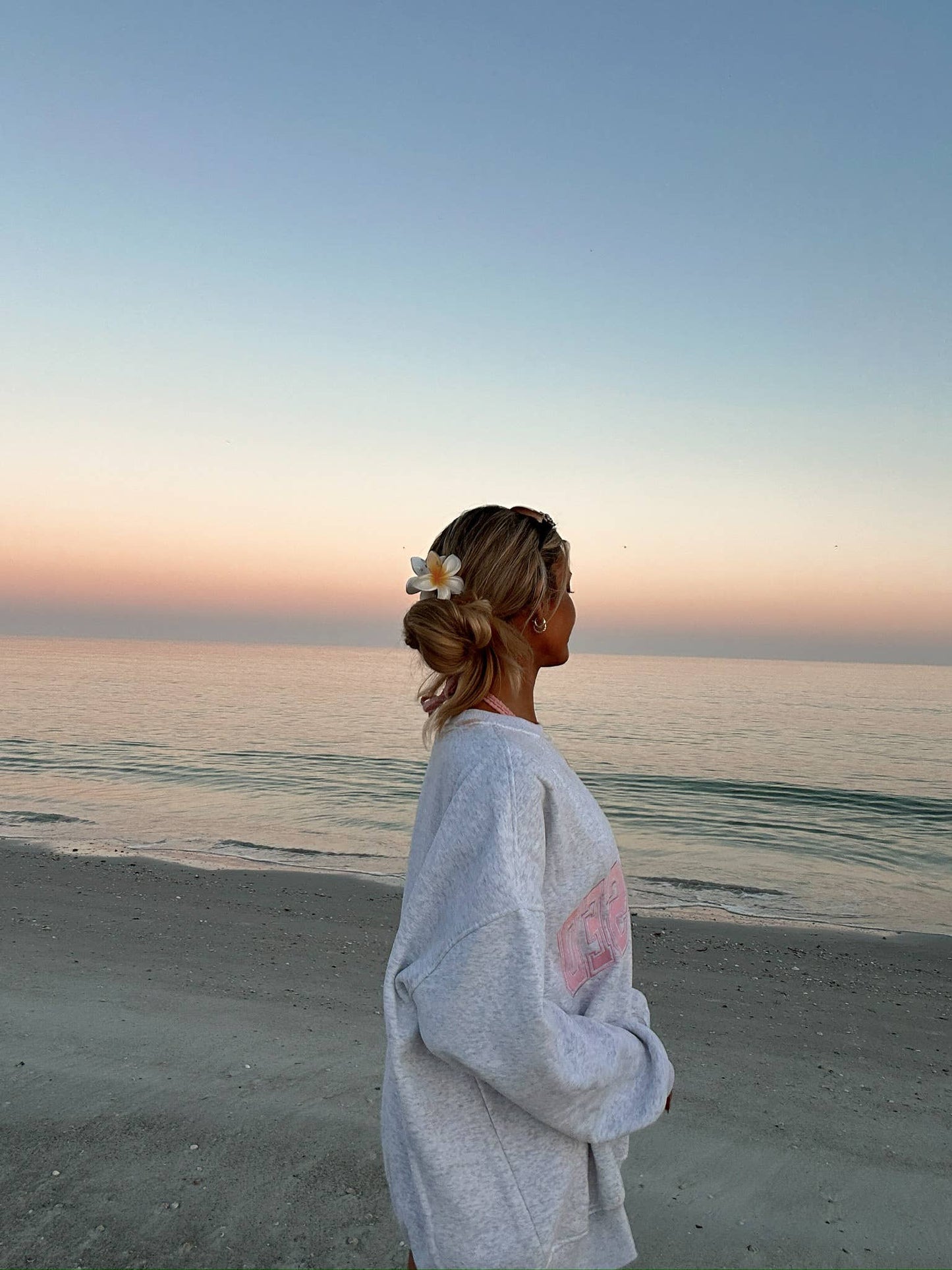 Sunkissed Coconut: Pearl Grey w/ Pink Thread Sunkissed Varsity Embroider Sweats