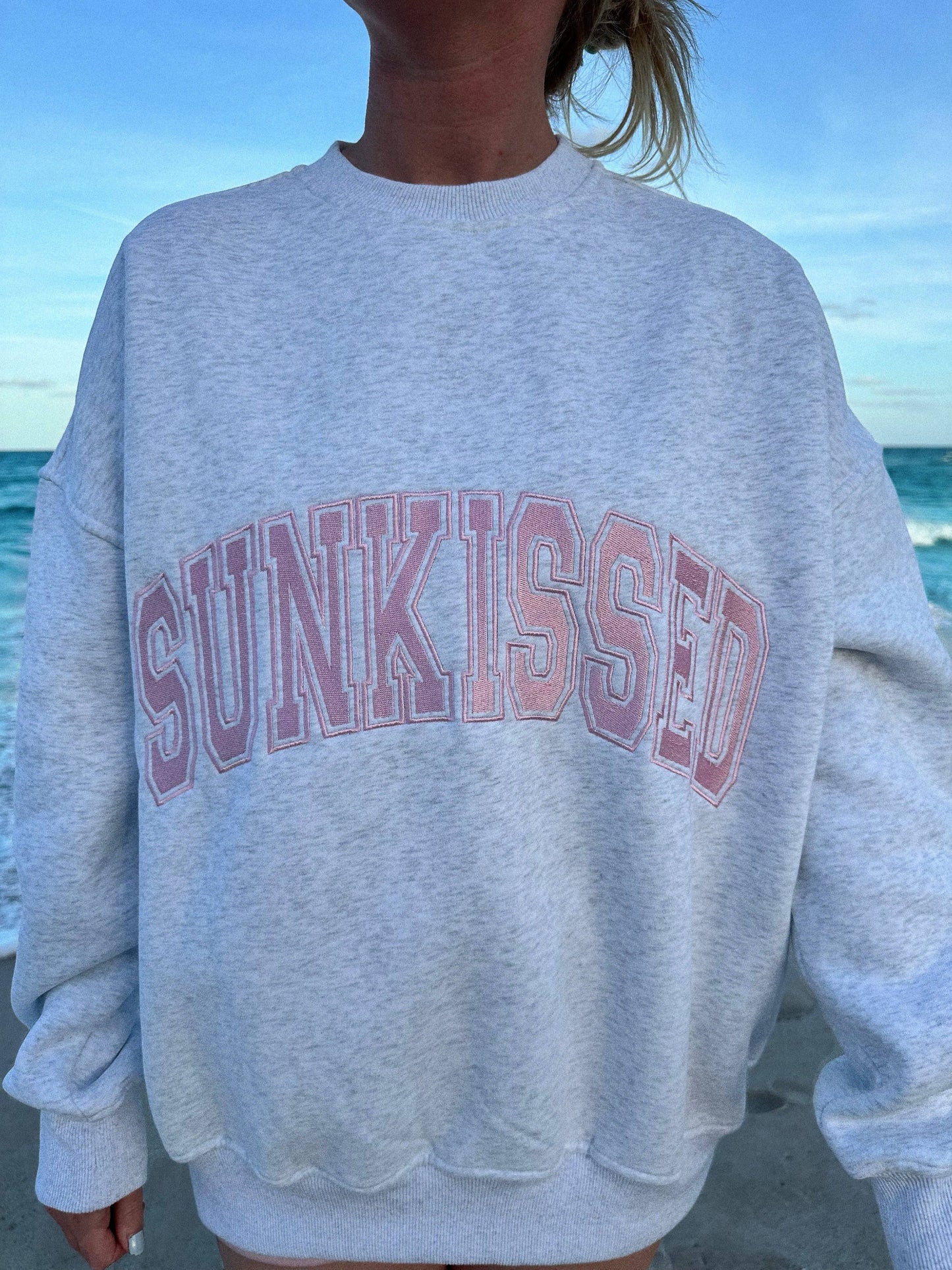 Sunkissed Coconut: Pearl Grey w/ Pink Thread Sunkissed Varsity Embroider Sweats