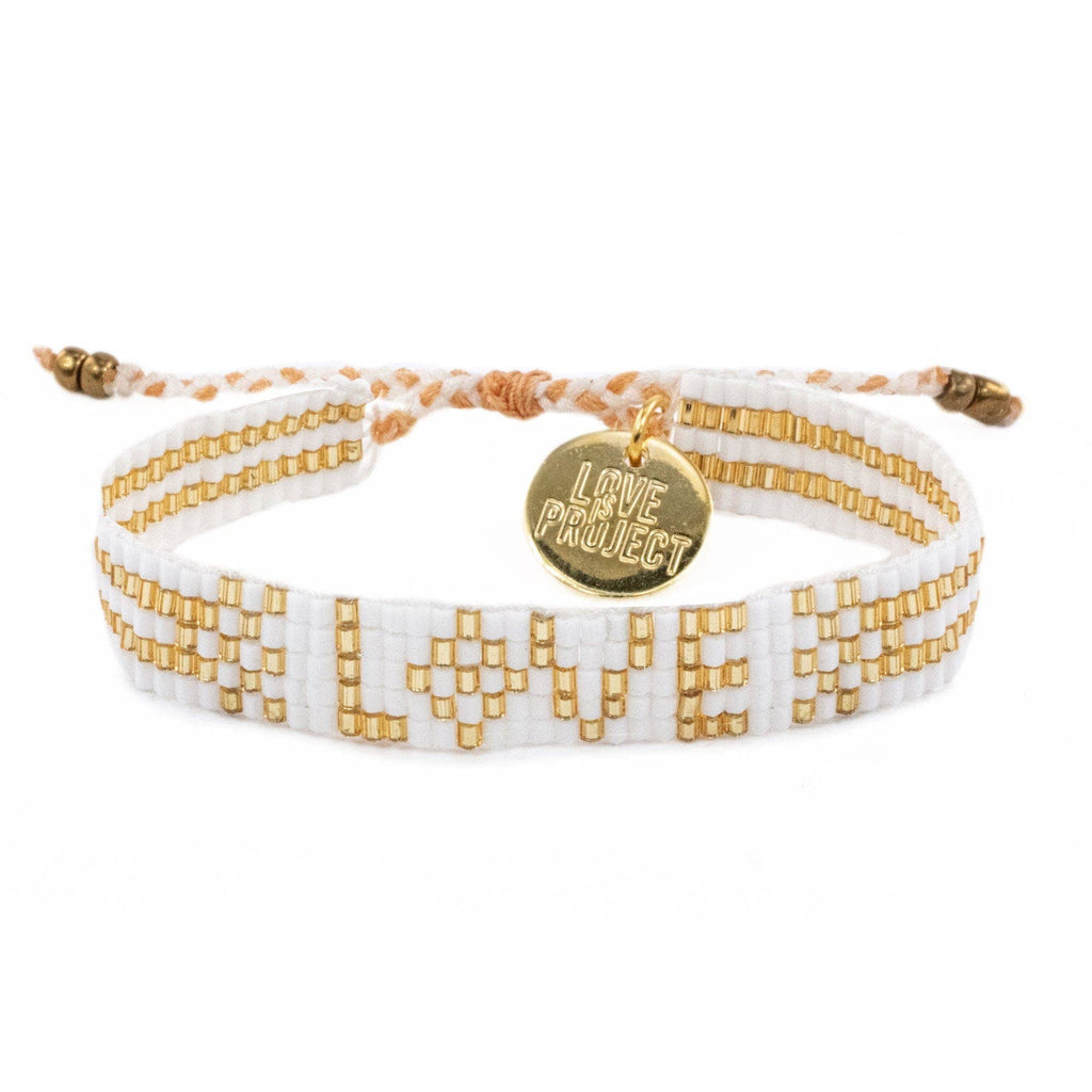Love Is Project: Seed Bead LOVE Bracelet - White & Gold