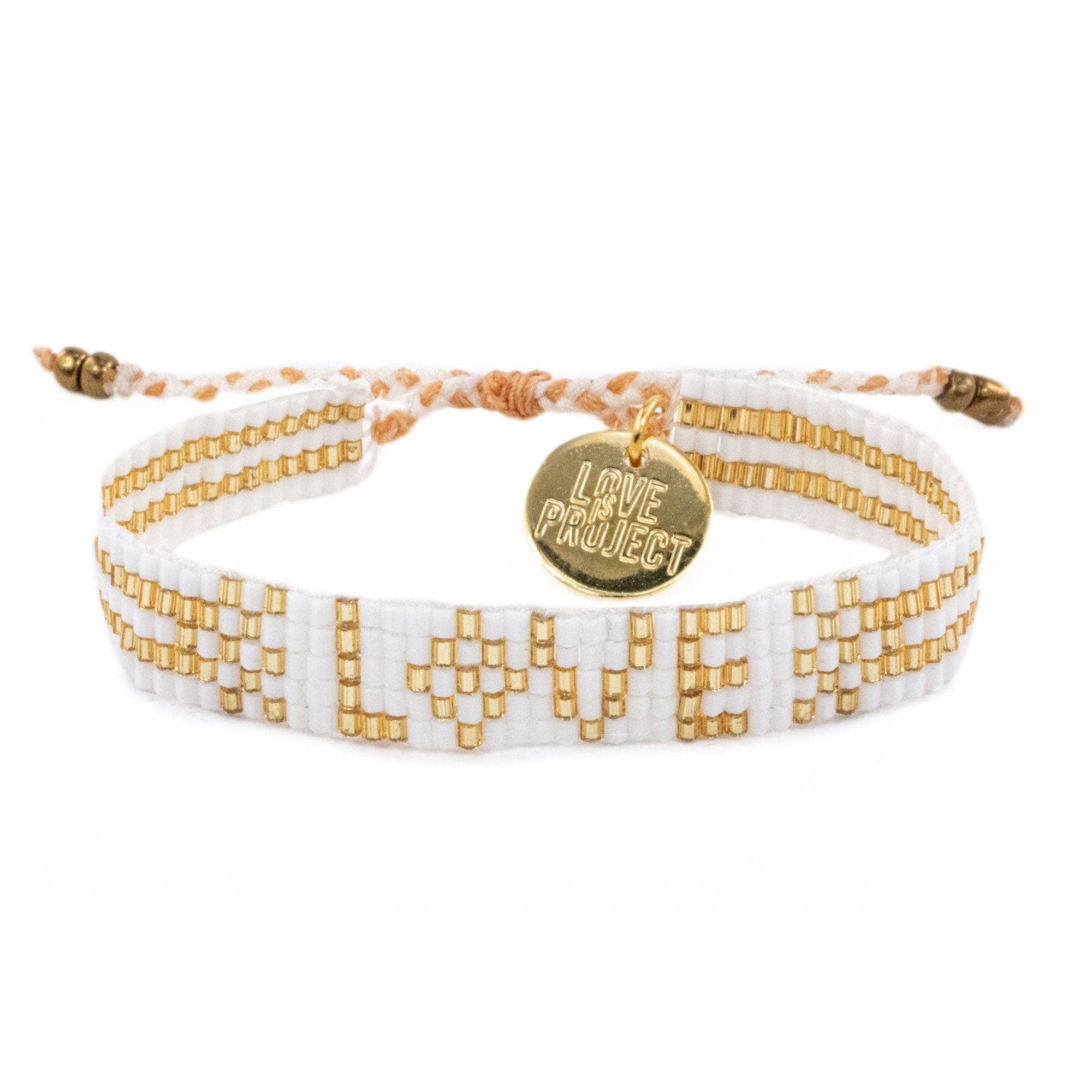 Love Is Project: Seed Bead LOVE Bracelet - White & Gold