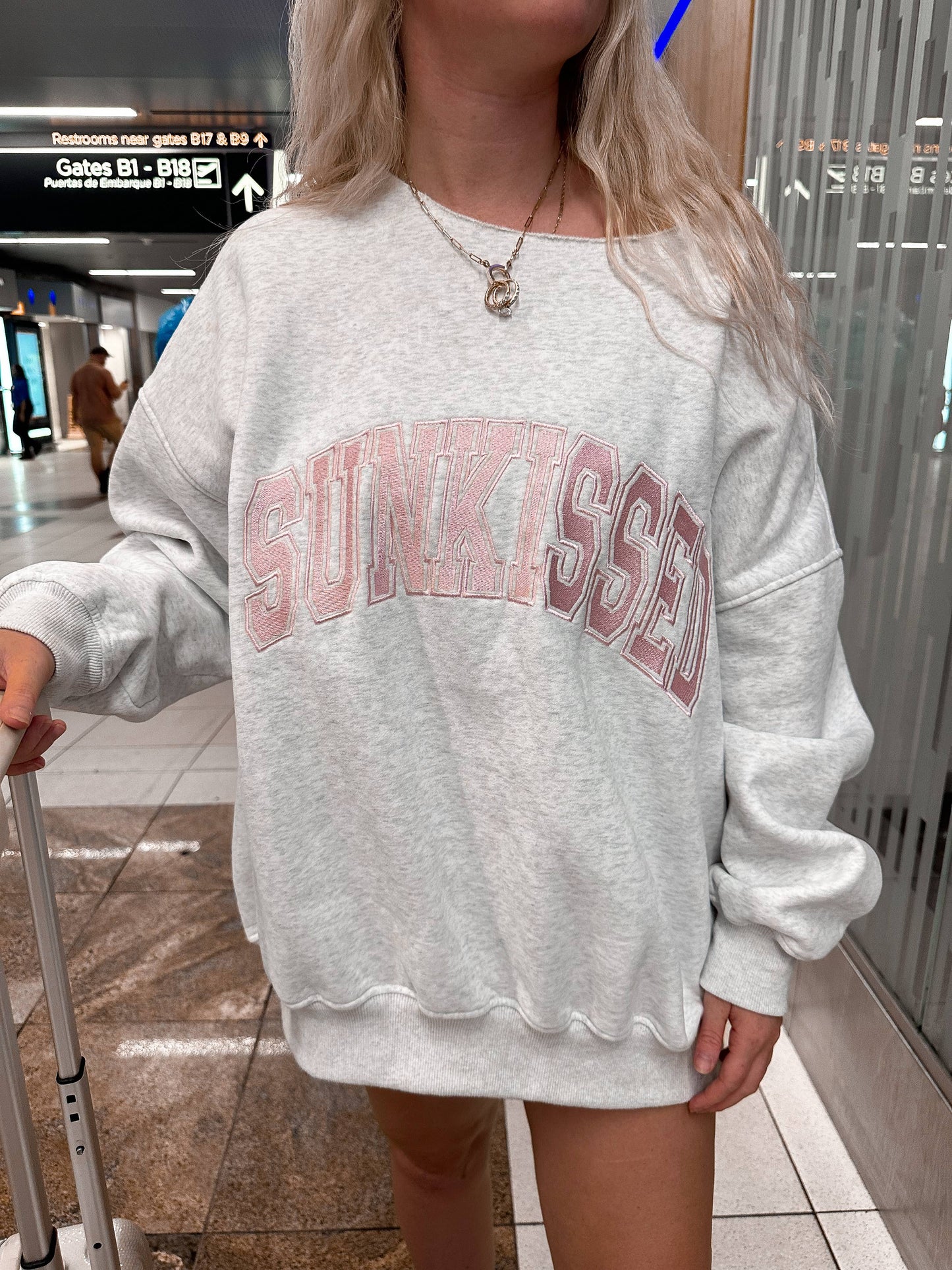 Sunkissed Coconut: Pearl Grey w/ Pink Thread Sunkissed Varsity Embroider Sweats