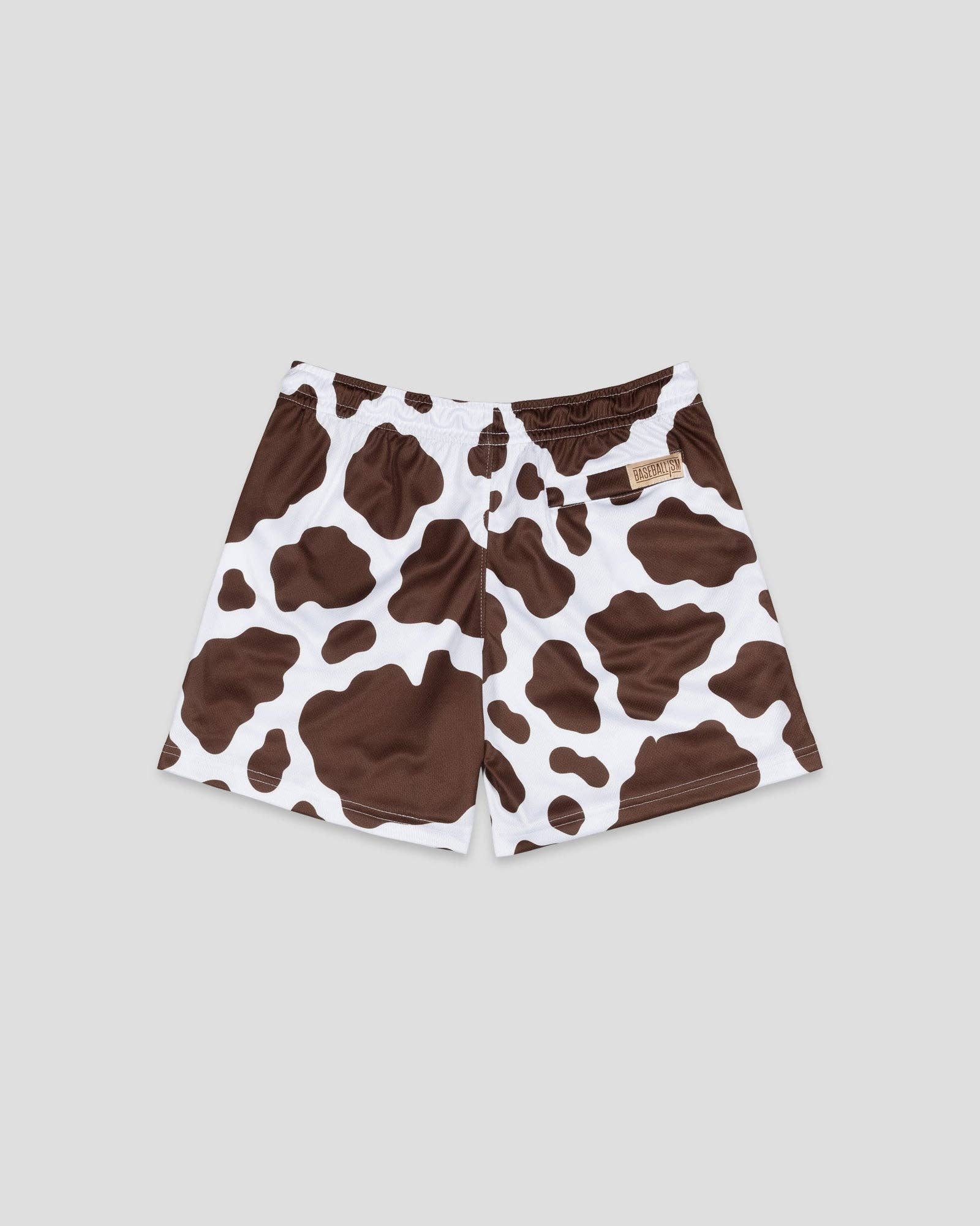 Baseballism: Moo Milk Cow Print Diamond Air Mesh Shorts (Brown) - Youth