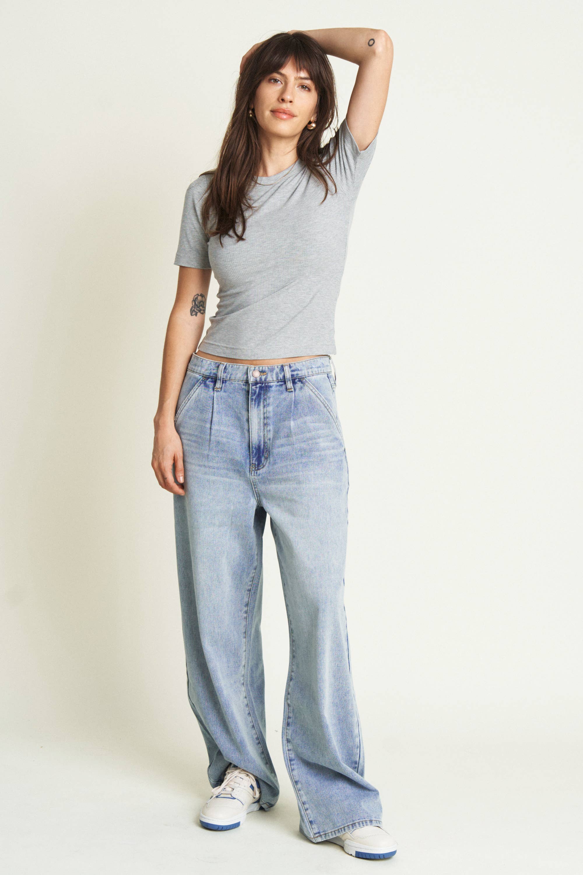 Oliver Logan: Thompson Low Slung Wide Leg Denim - Light Indigo Worn