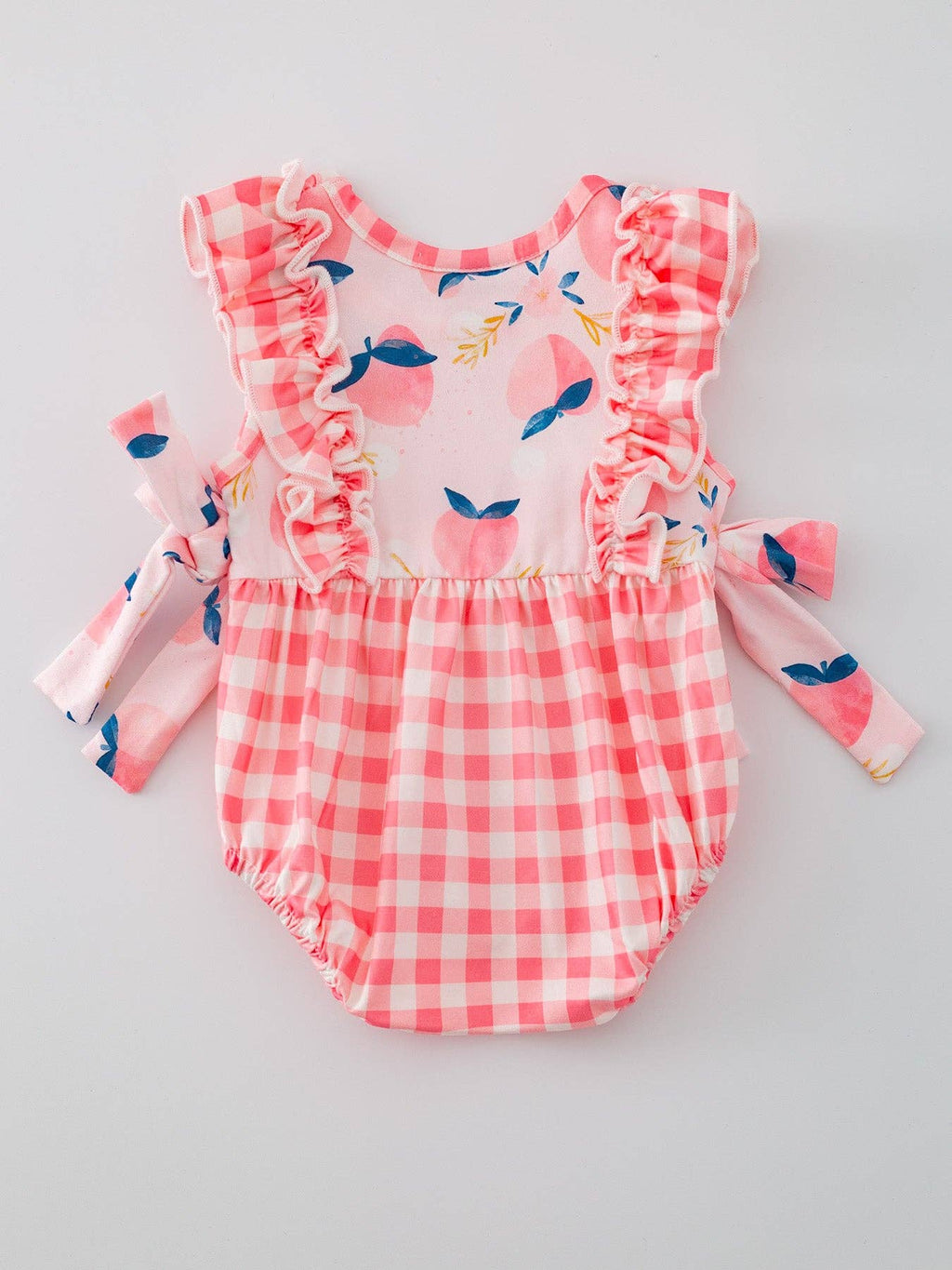 Rylee Faith: Peach Plaid Bow Ruffle Girls Romper