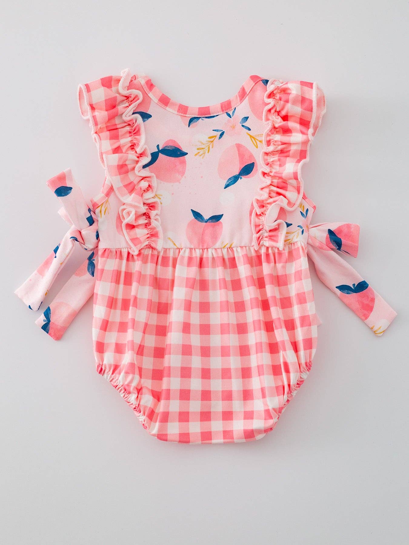 Rylee Faith: Peach Plaid Bow Ruffle Girls Romper