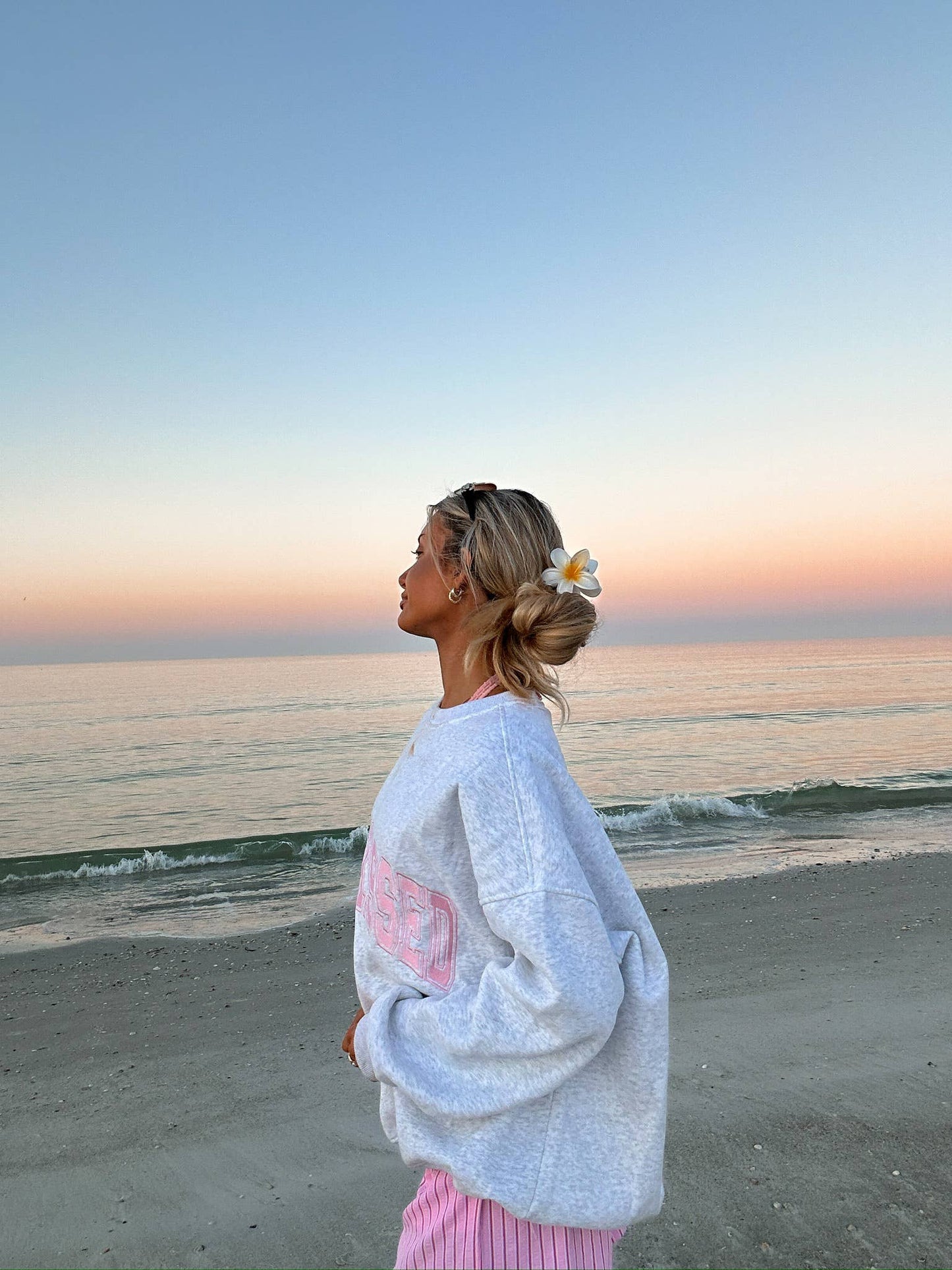 Sunkissed Coconut: Pearl Grey w/ Pink Thread Sunkissed Varsity Embroider Sweats