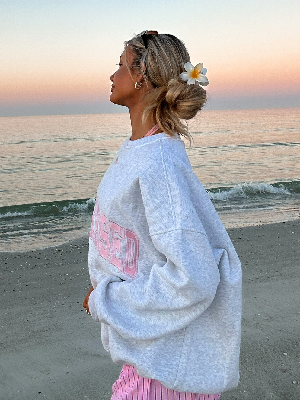 Sunkissed Coconut: Pearl Grey w/ Pink Thread Sunkissed Varsity Embroider Sweats