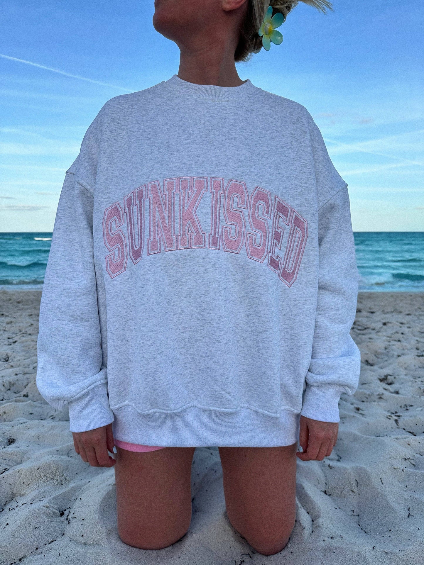 Sunkissed Coconut: Pearl Grey w/ Pink Thread Sunkissed Varsity Embroider Sweats
